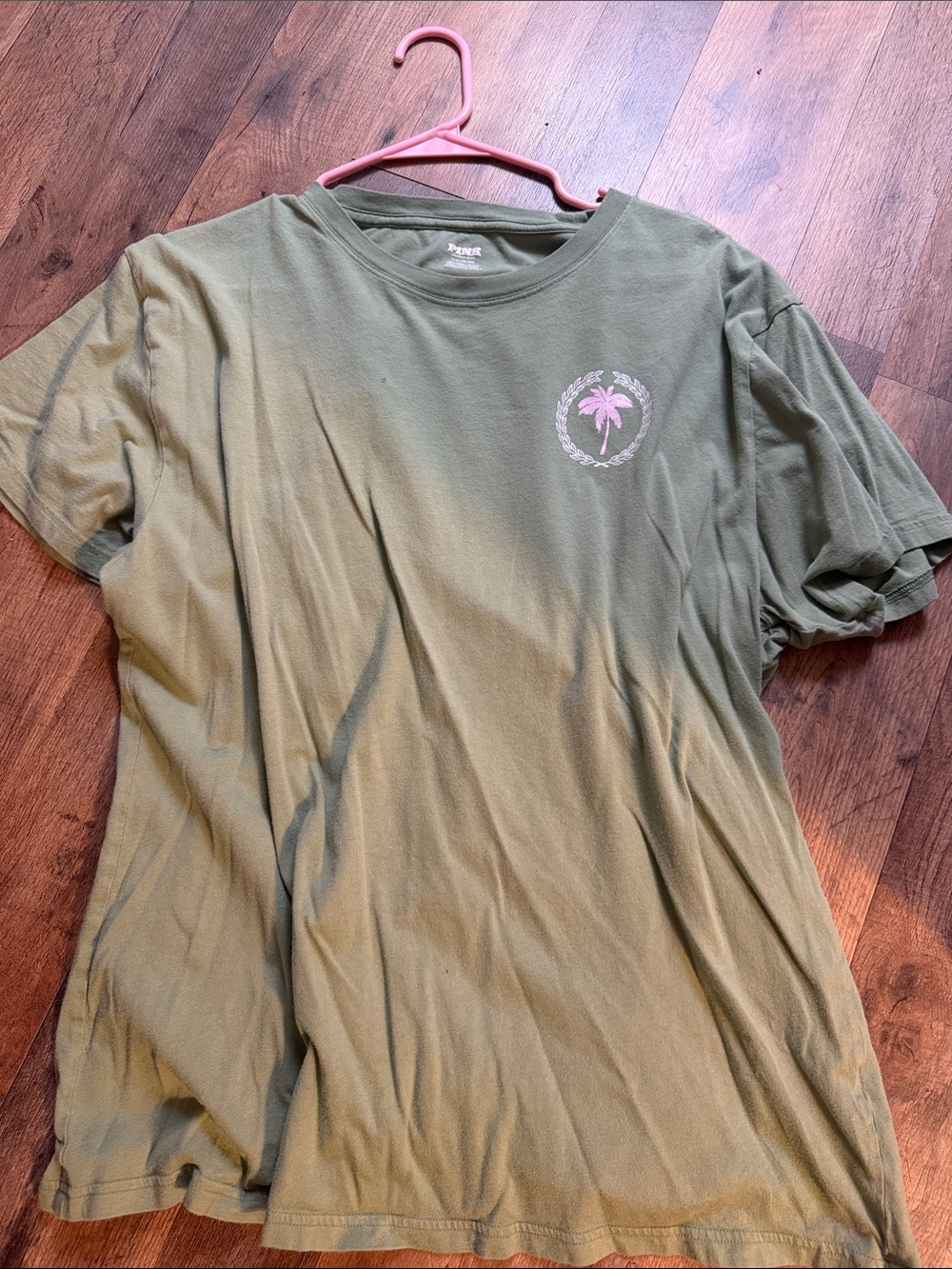 PINK Victoria's Secret Olive Green Short Sleeve Tee with Pink Palm Emblem